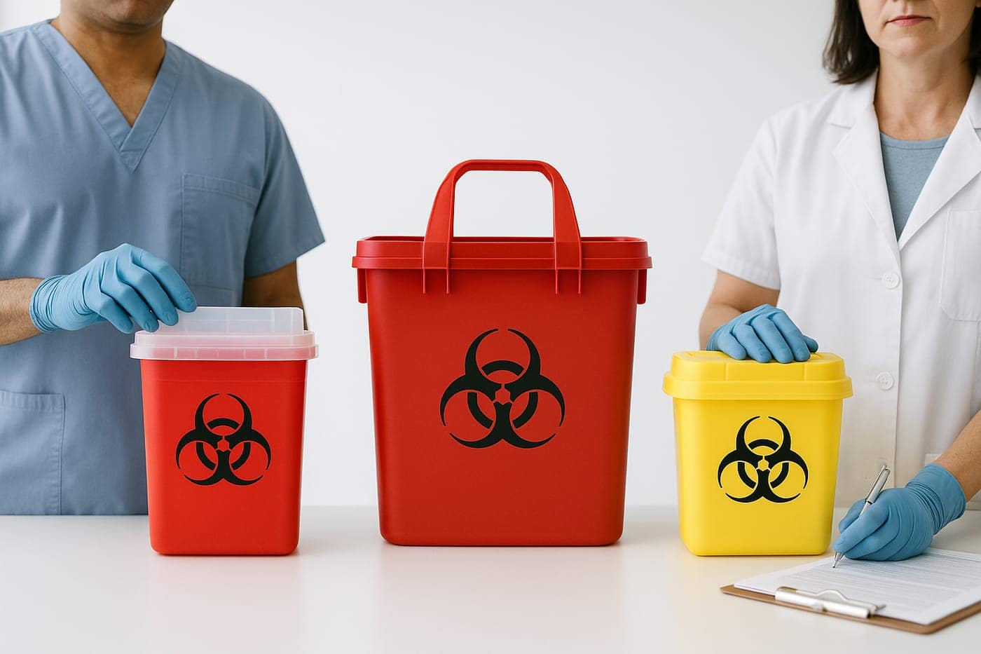 A lineup of compliant medical-waste containers