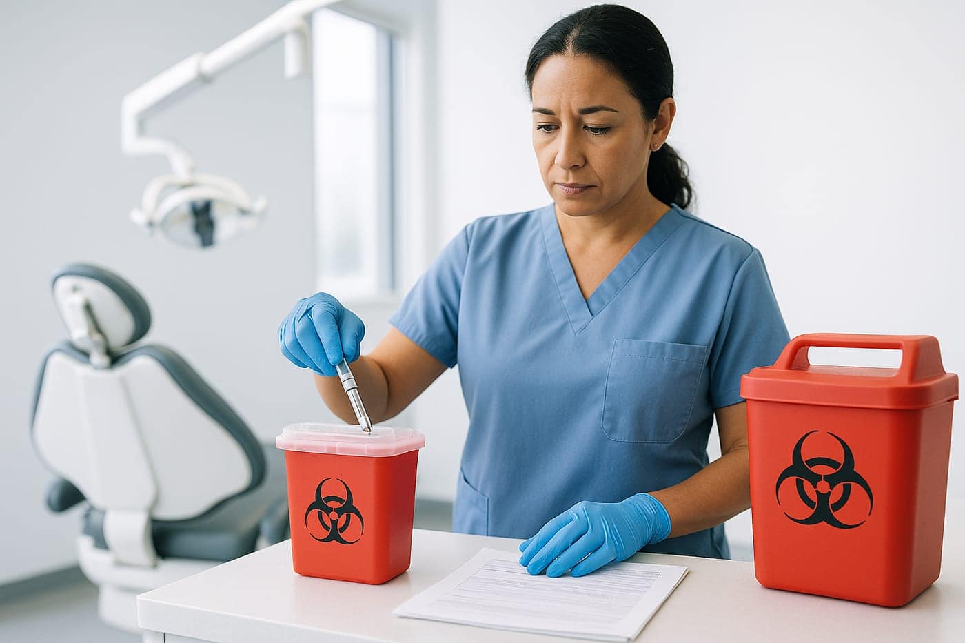 Dental professional using a sharps container in an operatory