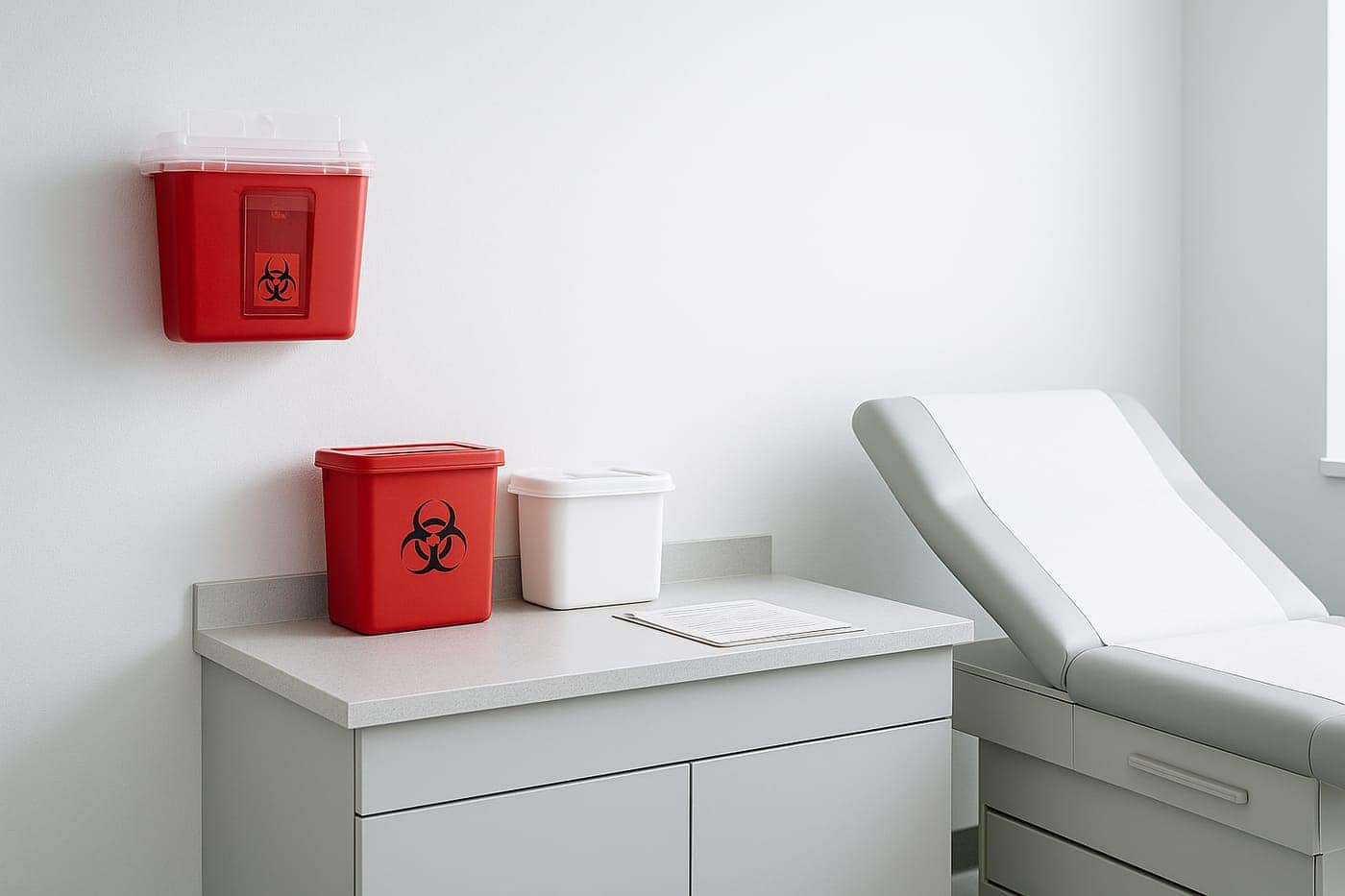 A modern exam room with compliant waste containers