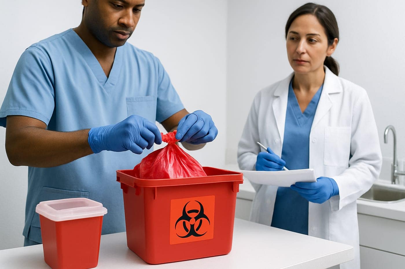 Red-bag biohazard waste sealed and staged for compliant transport
