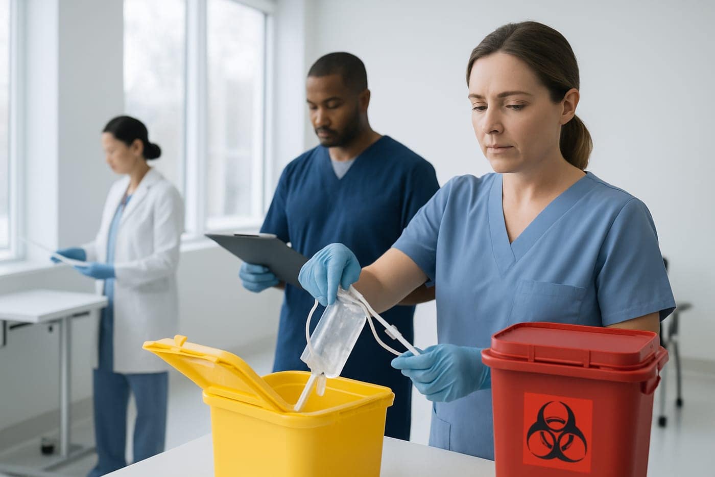 Yellow trace-chemotherapy waste containers staged for incineration