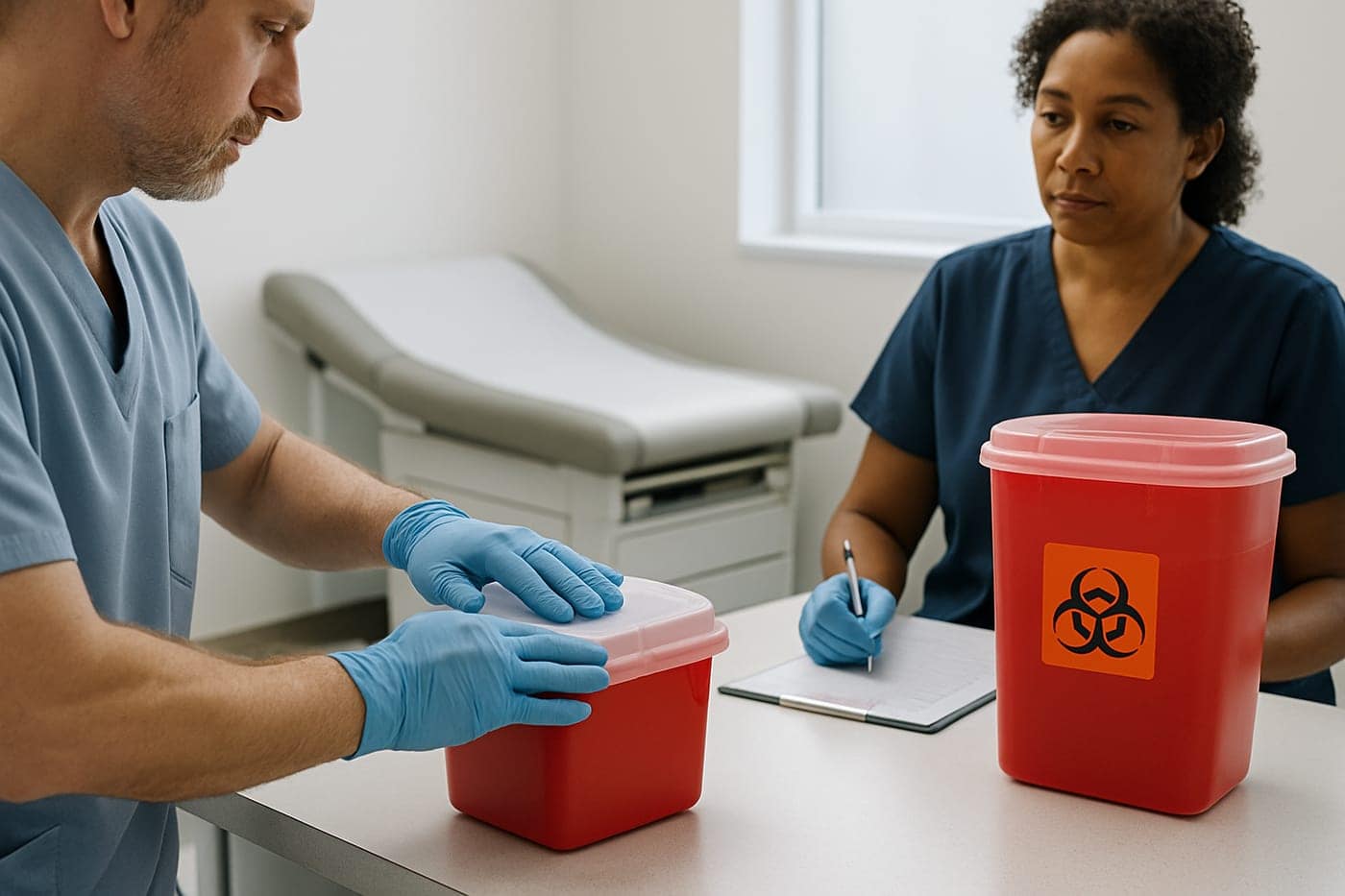 Gloved professional handling a compliant medical-waste container