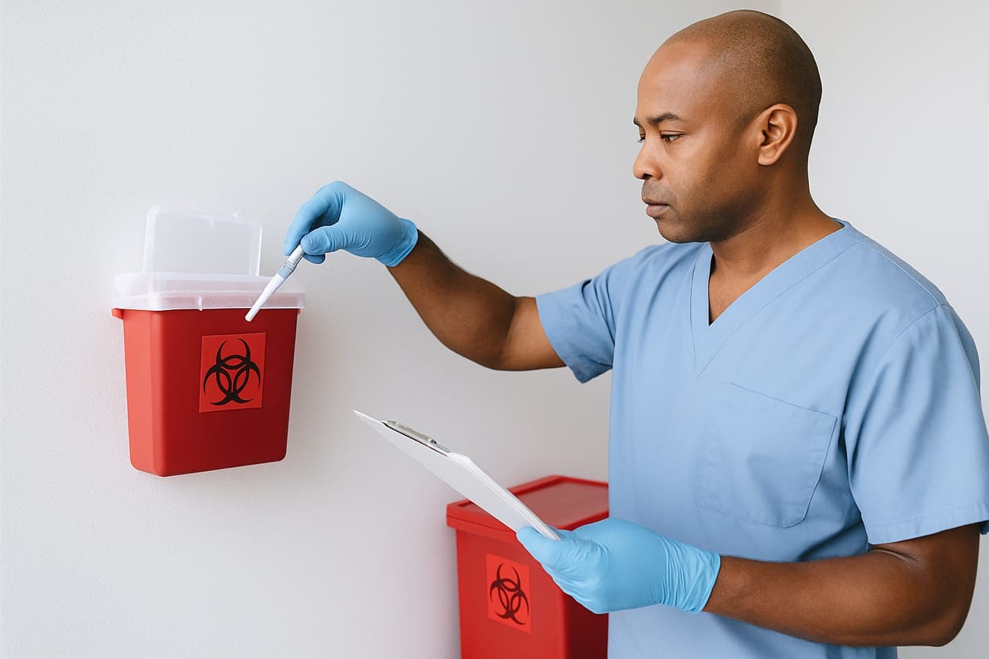 Compliant, puncture-proof sharps containers ready for pickup