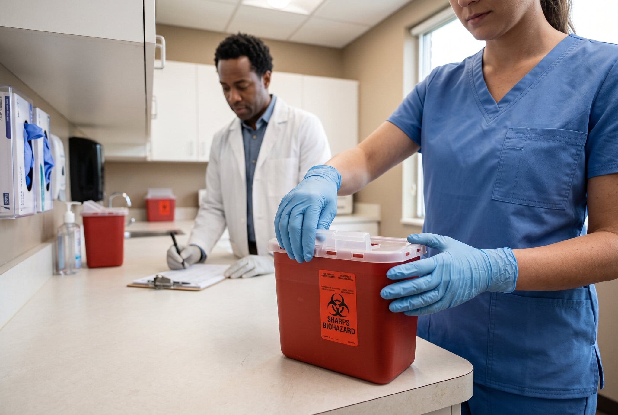Healthcare professionals handling biohazard medical waste container in clinic.