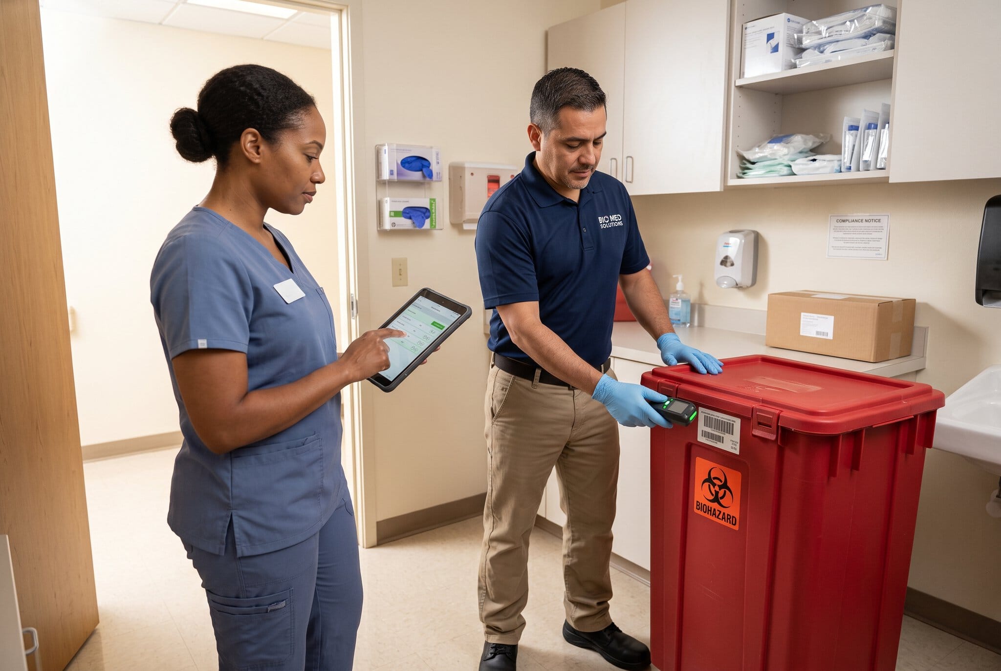 Healthcare professionals handling medical waste in a clinical setting.