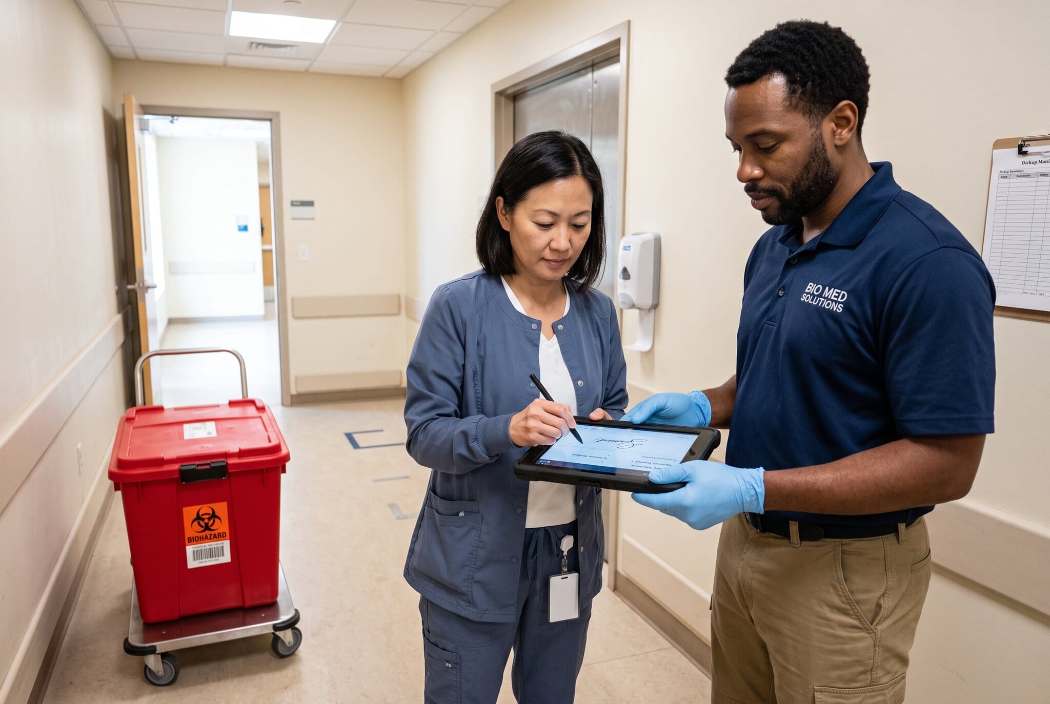 Healthcare professionals discussing patient data in hospital corridor.