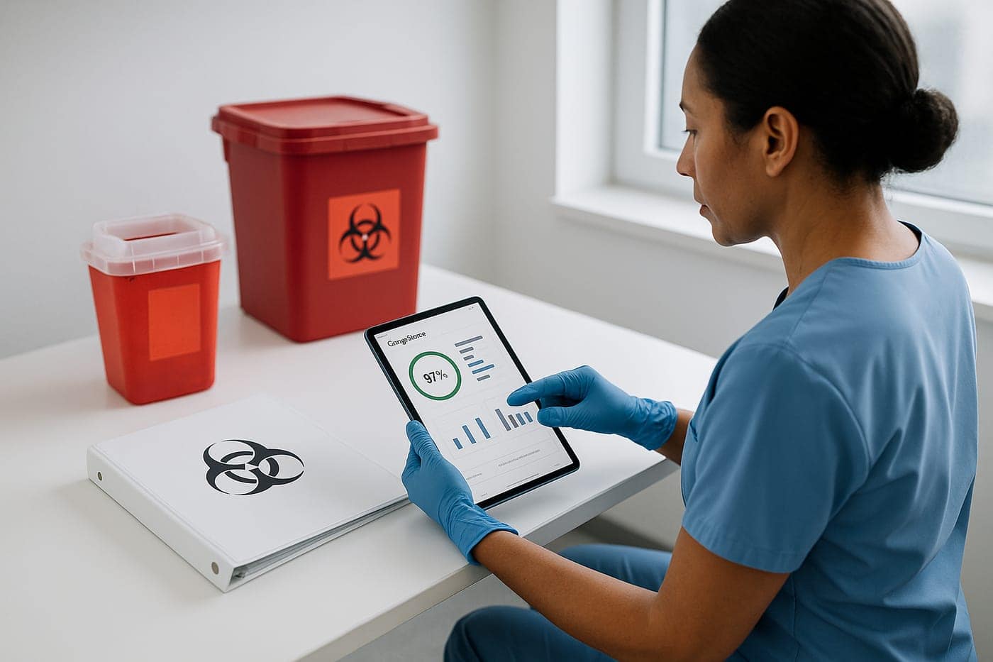 Reviewing a compliance dashboard and records on a tablet