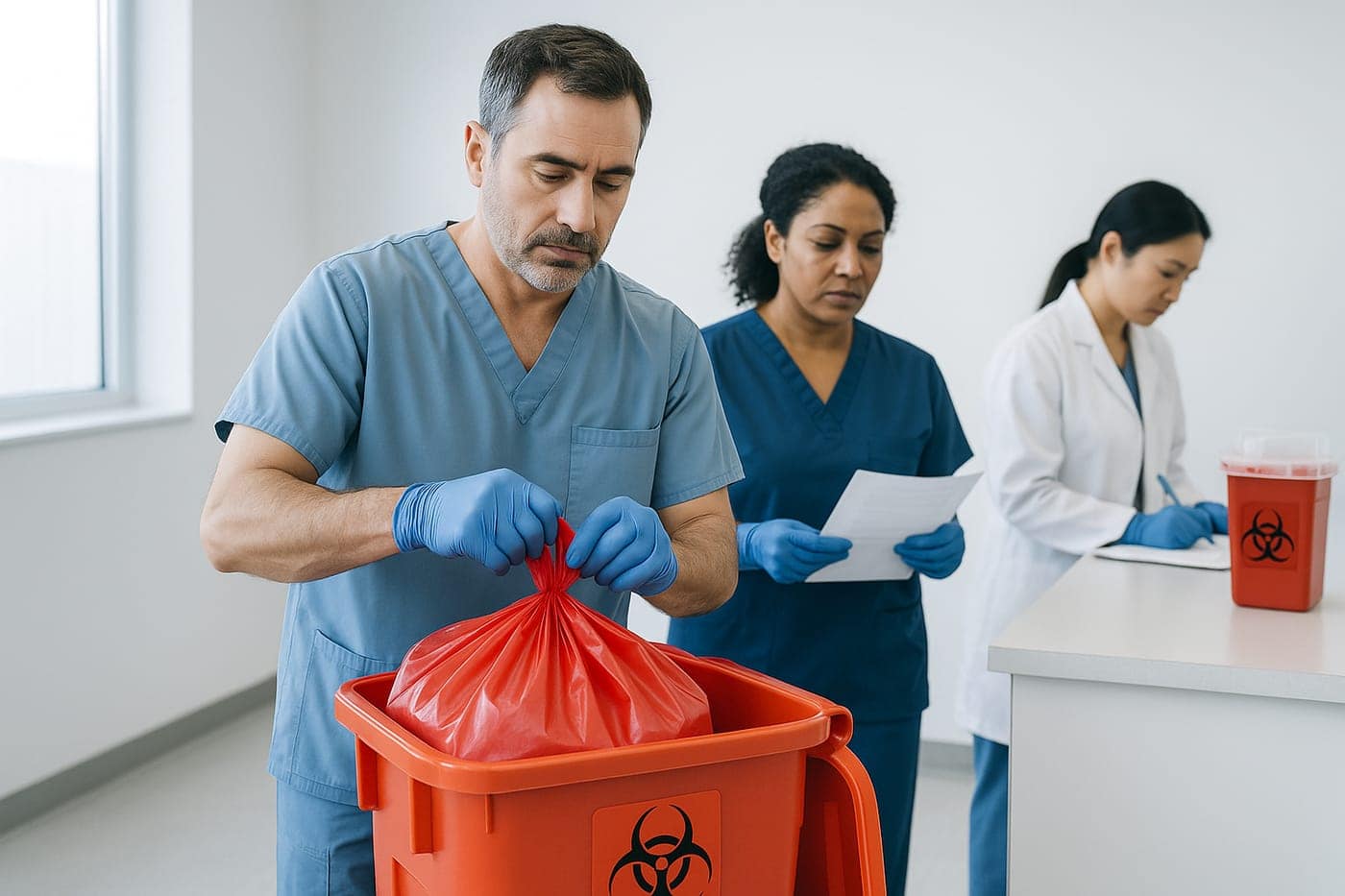 Sealing a red biohazard waste bag in a rigid container