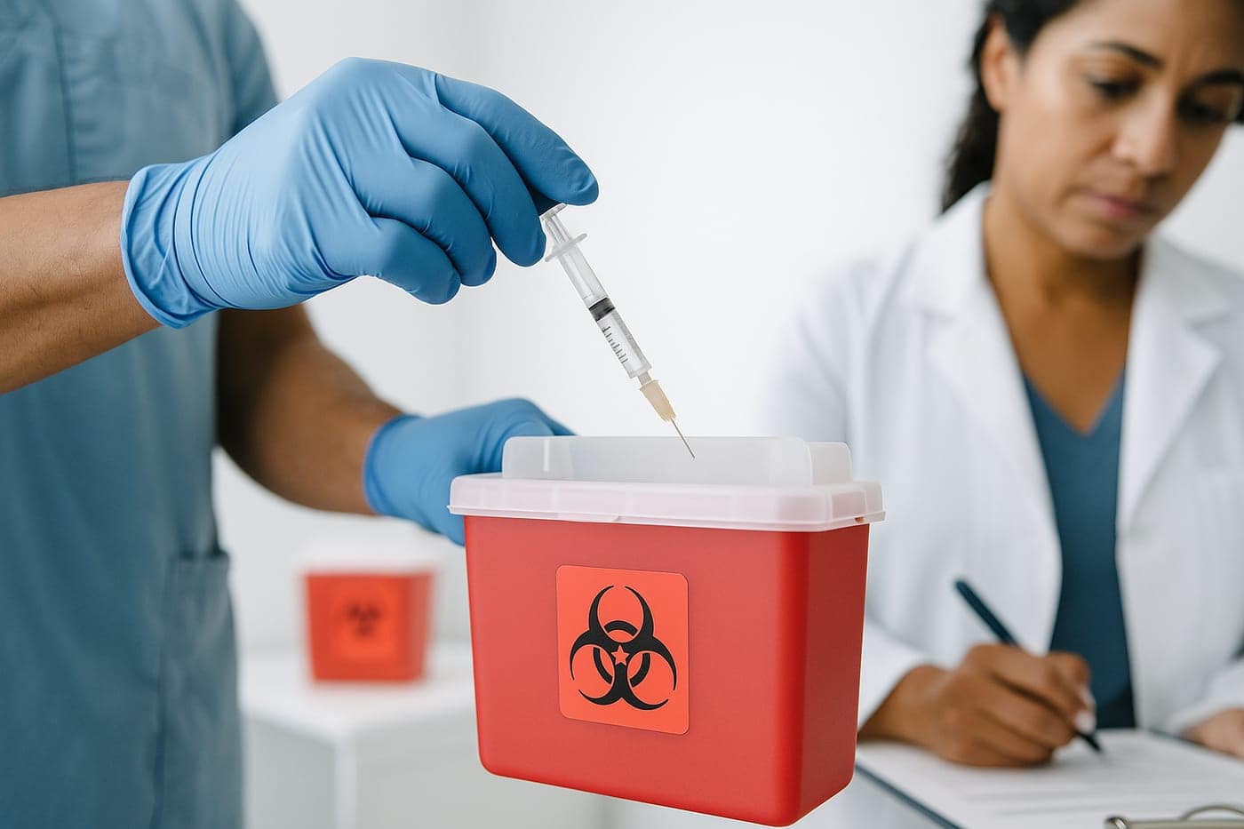 Gloved hand disposing a syringe in a wall-mounted sharps container